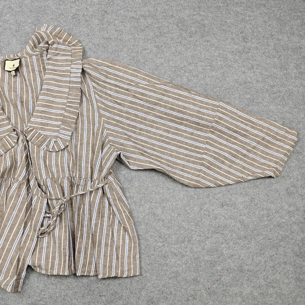 Tuckernuck Blouse Womens XL Brown Stripe Ruffle V Neck Tie Waist Peplum Top - Picture 5 of 11